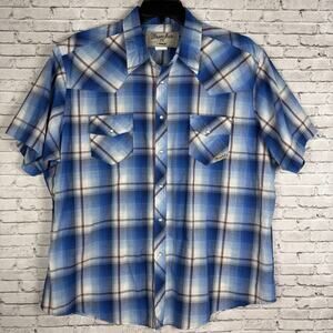 Wrangler Pearl Snap Shirt Men's 2XL Short Sleeve Western Plaid Blue